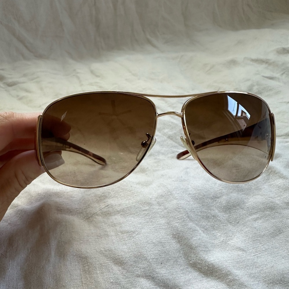 Prada Gold Sunglasses Teardrop Shape  SPR 75G 64 14 5AK-6S1 115